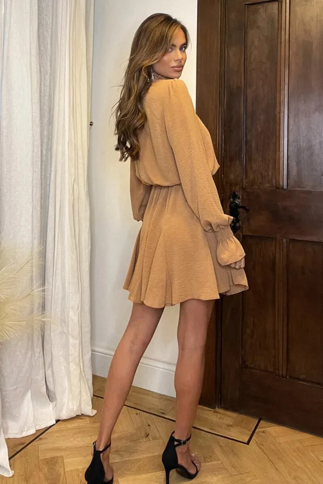 AX Paris Camel High Neck Shirred Detail Skater Dress Women Dresses