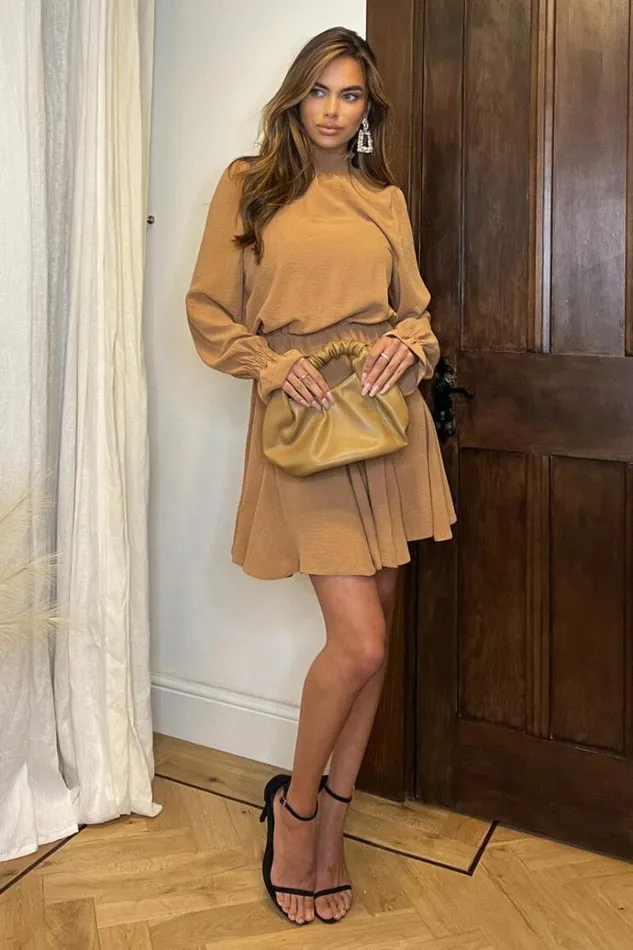 AX Paris Camel High Neck Shirred Detail Skater Dress Women Dresses