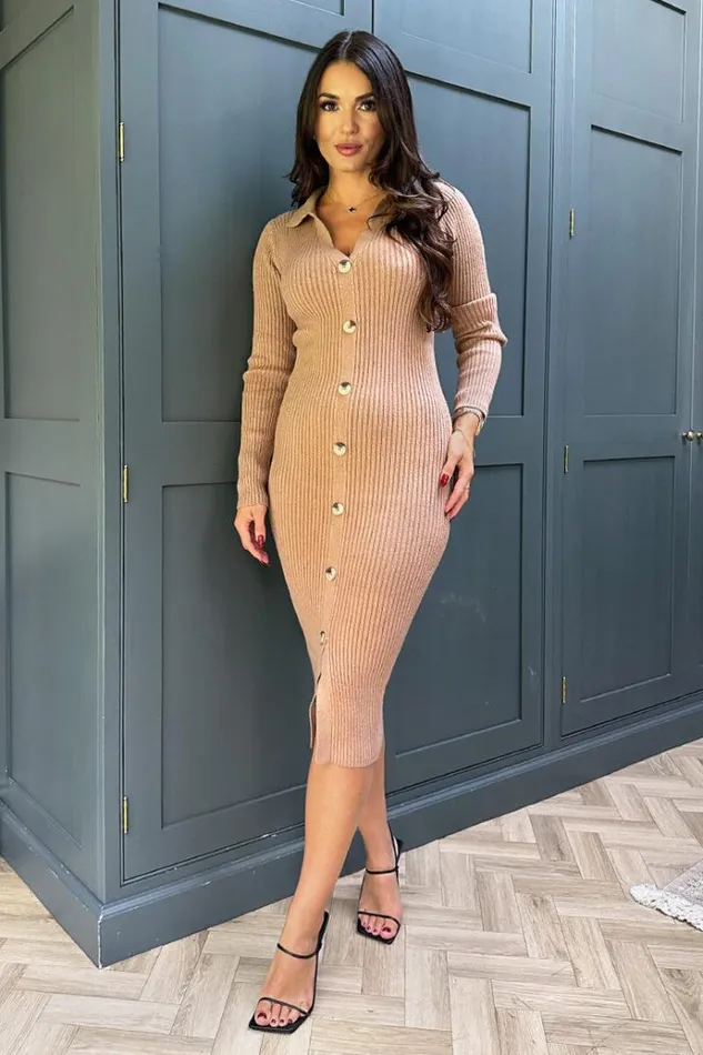 AX Paris Camel Knitted Button Front Midi Dress Women Knitwear