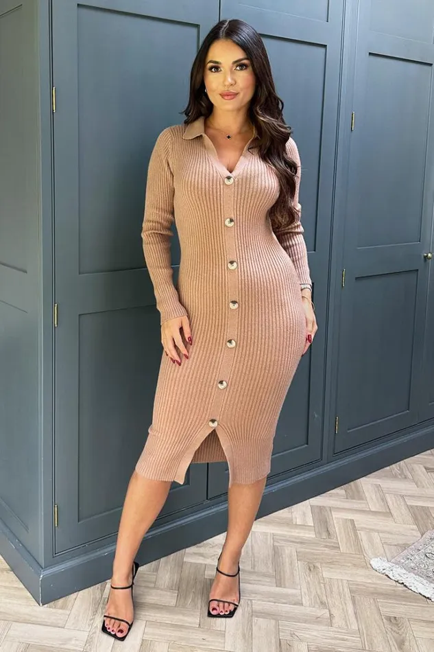 AX Paris Camel Knitted Button Front Midi Dress Women Knitwear