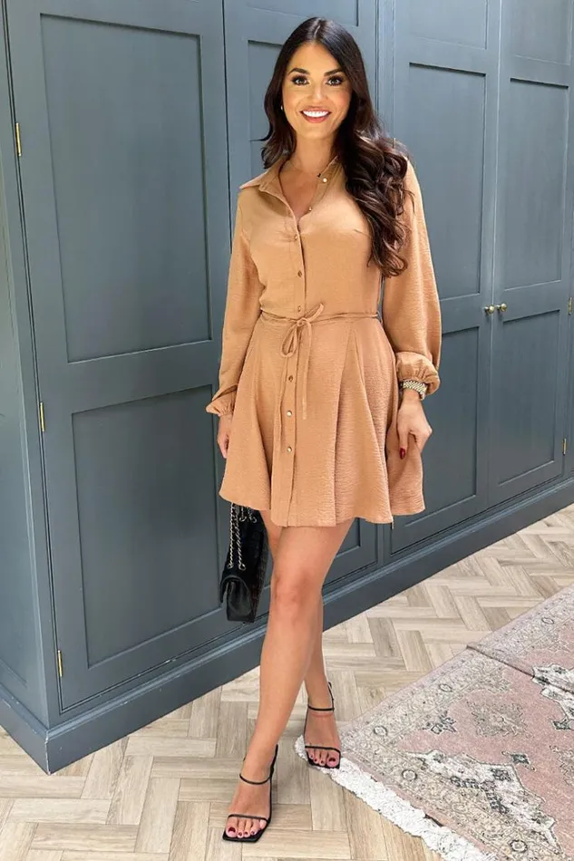 AX Paris Camel Long Sleeve Button Front Skater Shirt Dress Women Dresses