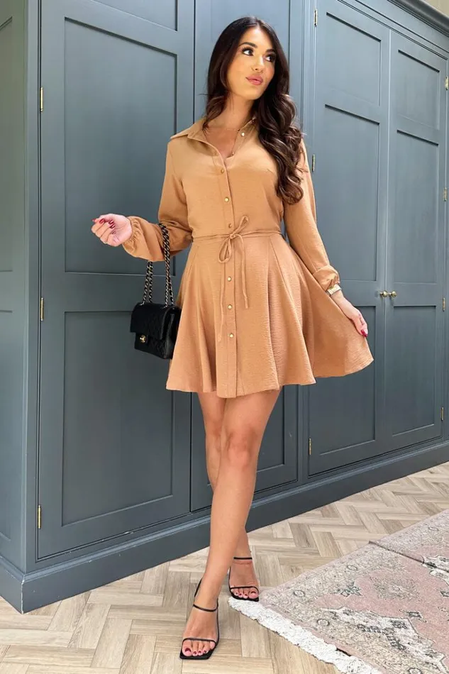 AX Paris Camel Long Sleeve Button Front Skater Shirt Dress Women Dresses