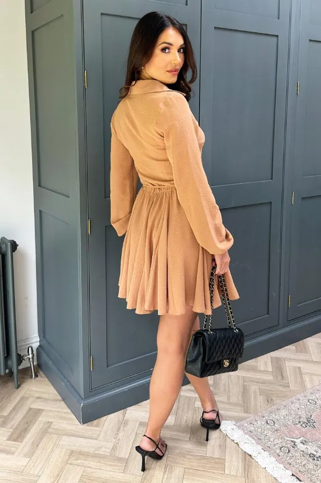 AX Paris Camel Long Sleeve Button Front Skater Shirt Dress Women Dresses