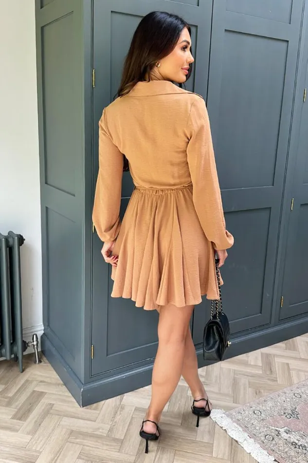 AX Paris Camel Long Sleeve Button Front Skater Shirt Dress Women Dresses