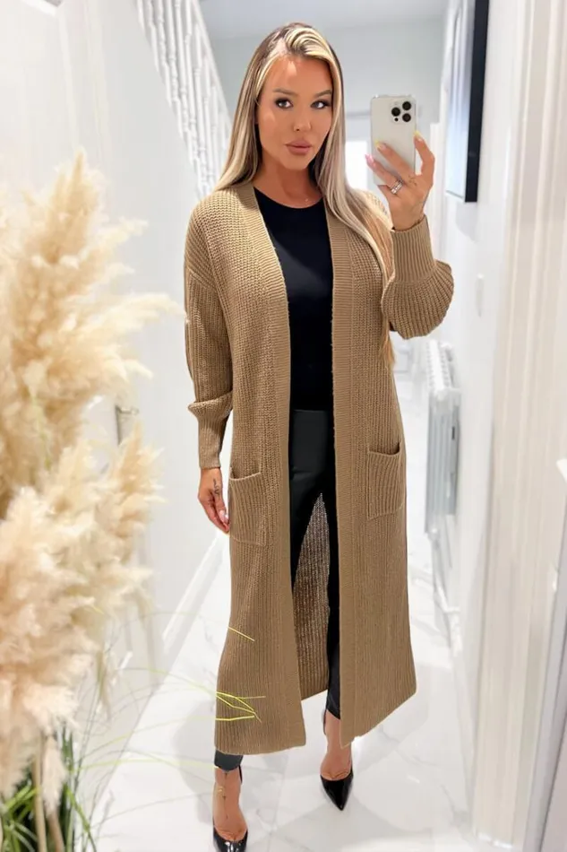 AX Paris Camel Maxi Knitted Cardigan Women Tops