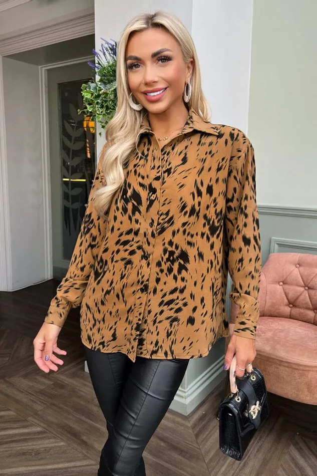 AX Paris Camel Print Button Front Long Sleeve Shirt Women Tops