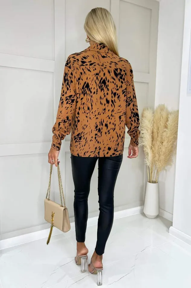 AX Paris Camel Print Button Front Long Sleeve Shirt Women Tops
