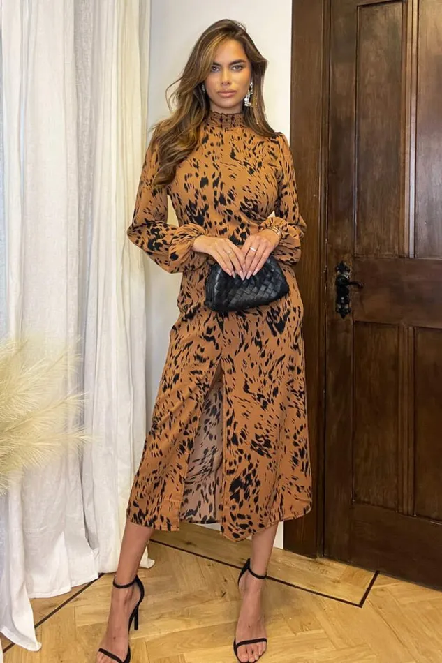 AX Paris Camel Print High Neck Split Skirt Midi Dress Women Dresses