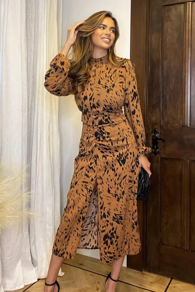 AX Paris Camel Print High Neck Split Skirt Midi Dress Women Dresses