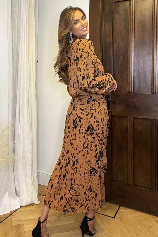 AX Paris Camel Print High Neck Split Skirt Midi Dress Women Dresses