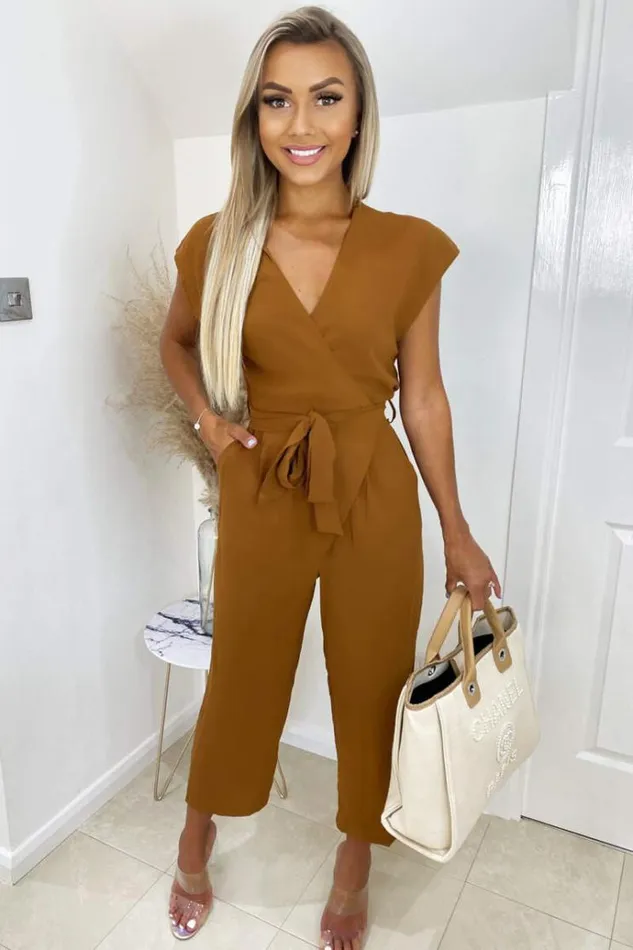 AX Paris Camel Wrap Tie Waist Jumpsuit Women Jumpsuits And Playsuits