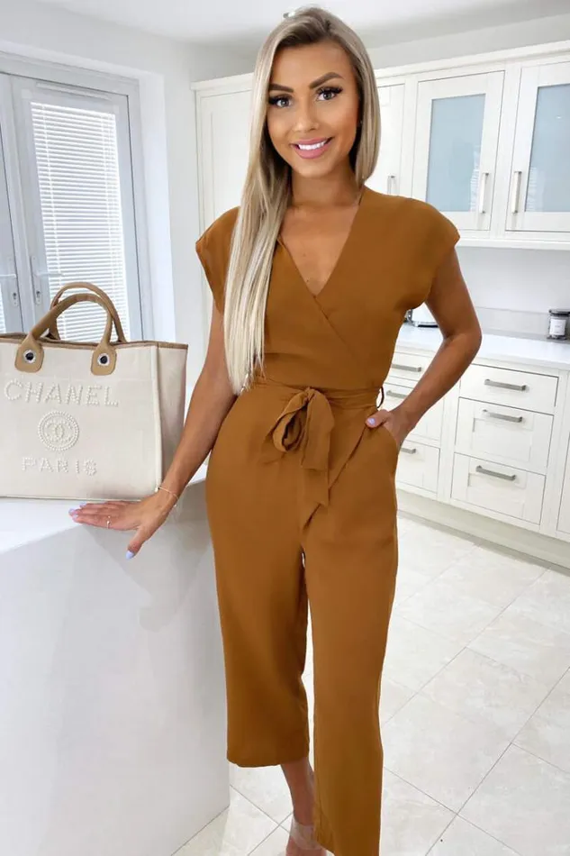AX Paris Camel Wrap Tie Waist Jumpsuit Women Jumpsuits And Playsuits