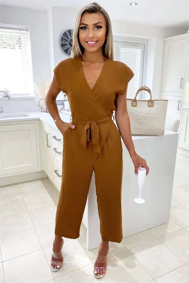 AX Paris Camel Wrap Tie Waist Jumpsuit Women Jumpsuits And Playsuits