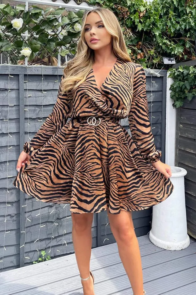 AX Paris Camel Zebra Print Wrap Skater Dress Women Dresses