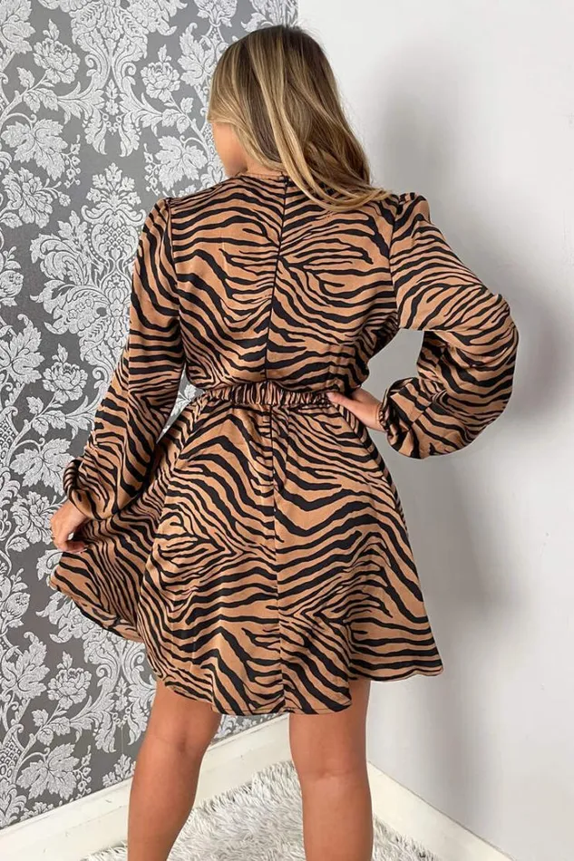 AX Paris Camel Zebra Print Wrap Skater Dress Women Dresses