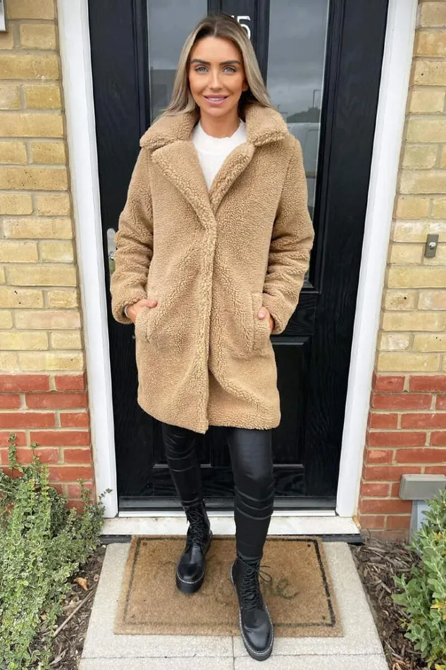 AX Paris Caramel Teddy Faux Fur Coat With Collar Women Coats and Jackets