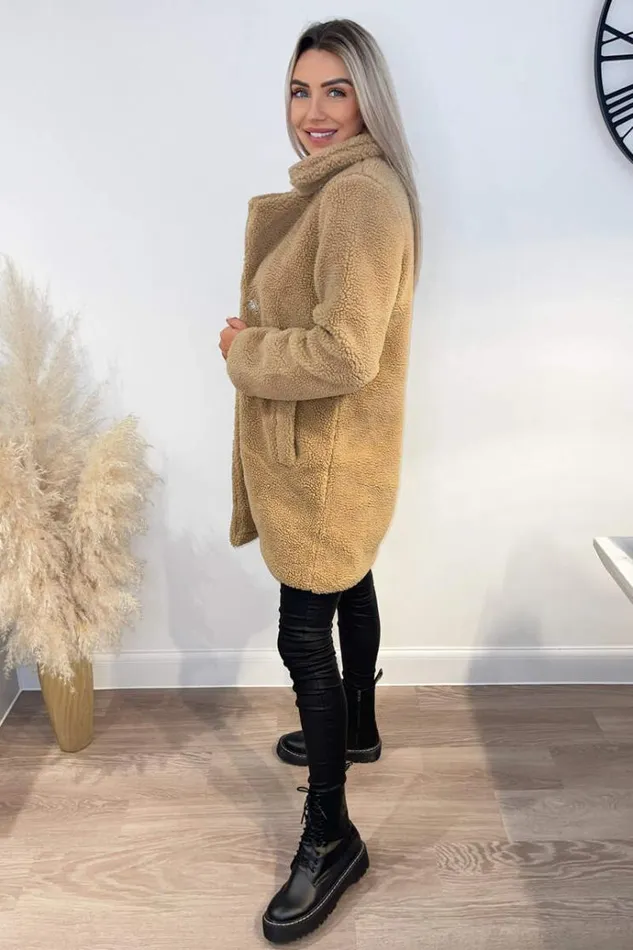 AX Paris Caramel Teddy Faux Fur Coat With Collar Women Coats and Jackets