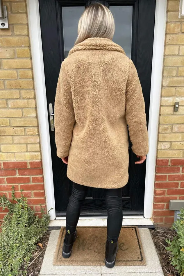 AX Paris Caramel Teddy Faux Fur Coat With Collar Women Coats and Jackets