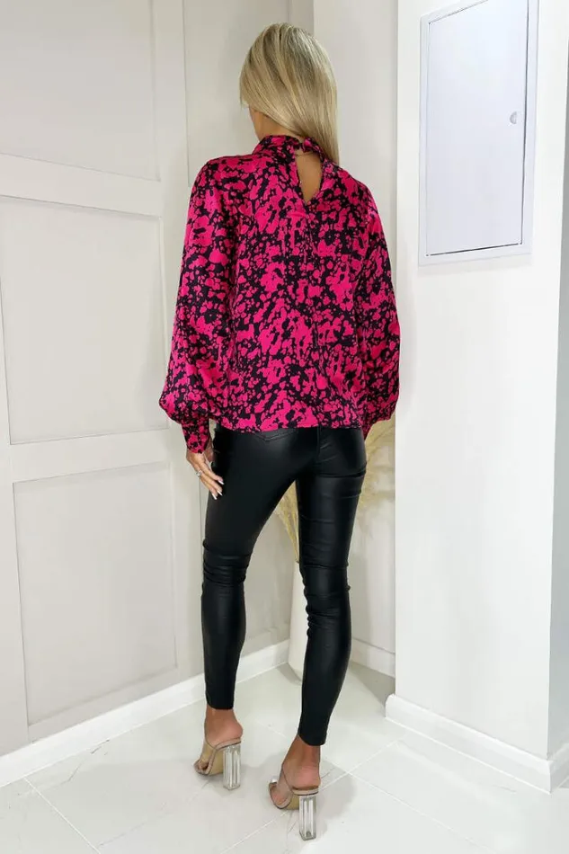 AX Paris Cerise And Black Print High Neck Long Sleeve Top Women Tops