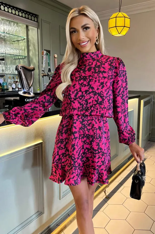 AX Paris Cerise And Black Printed High Neck Skater Dress Women Dresses