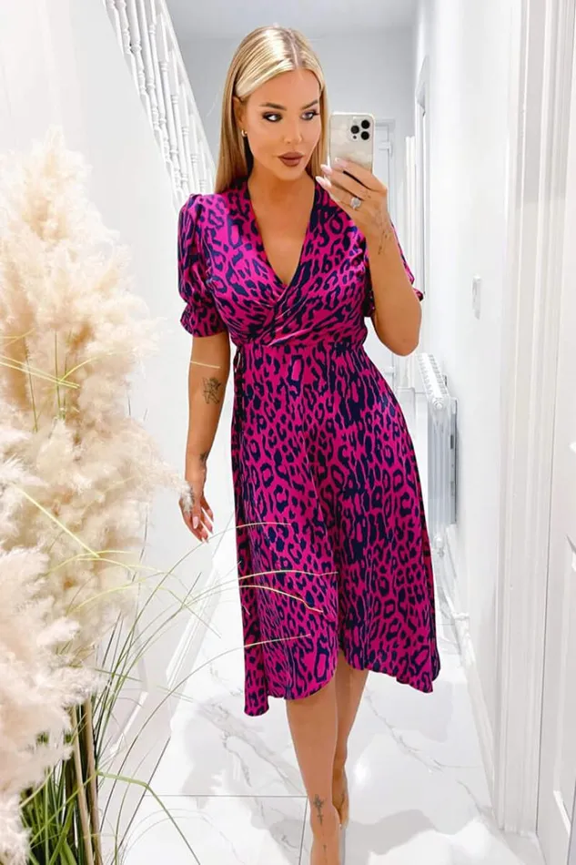 AX Paris Cerise And Navy Animal Print Wrap Midi Dress Women Dresses