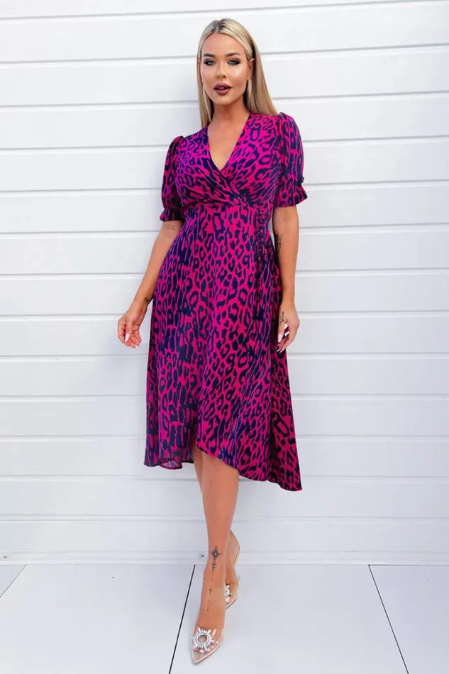 AX Paris Cerise And Navy Animal Print Wrap Midi Dress Women Dresses