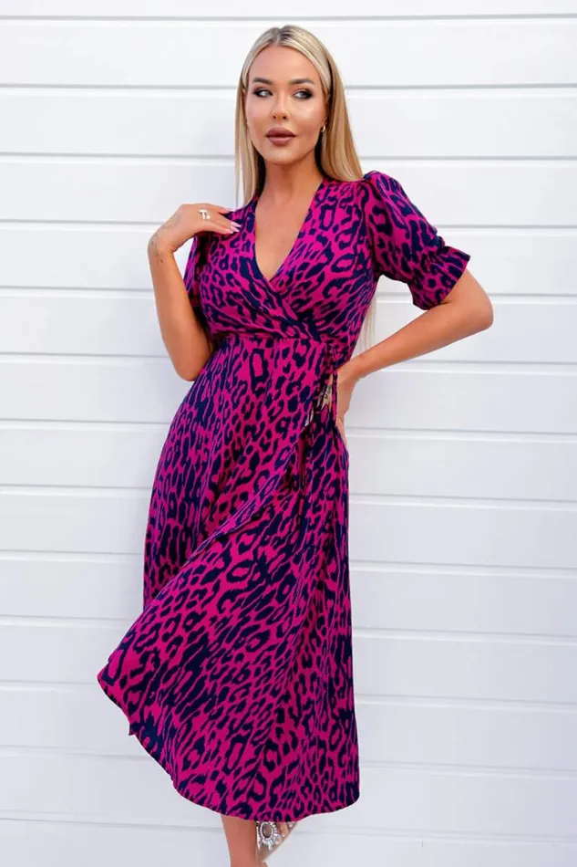 AX Paris Cerise And Navy Animal Print Wrap Midi Dress Women Dresses