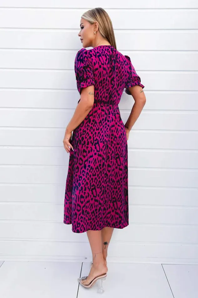 AX Paris Cerise And Navy Animal Print Wrap Midi Dress Women Dresses