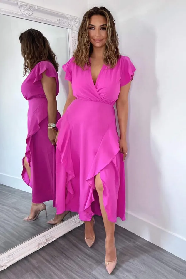 AX Paris Cerise Frill Detail Double Split Skirt Midi Dress Women Dresses