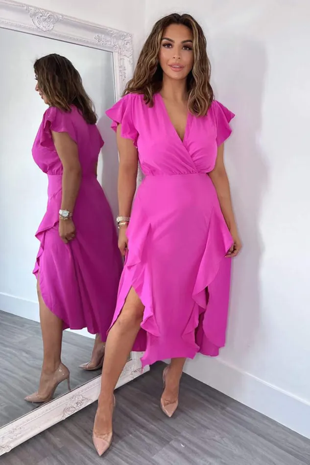 AX Paris Cerise Frill Detail Double Split Skirt Midi Dress Women Dresses