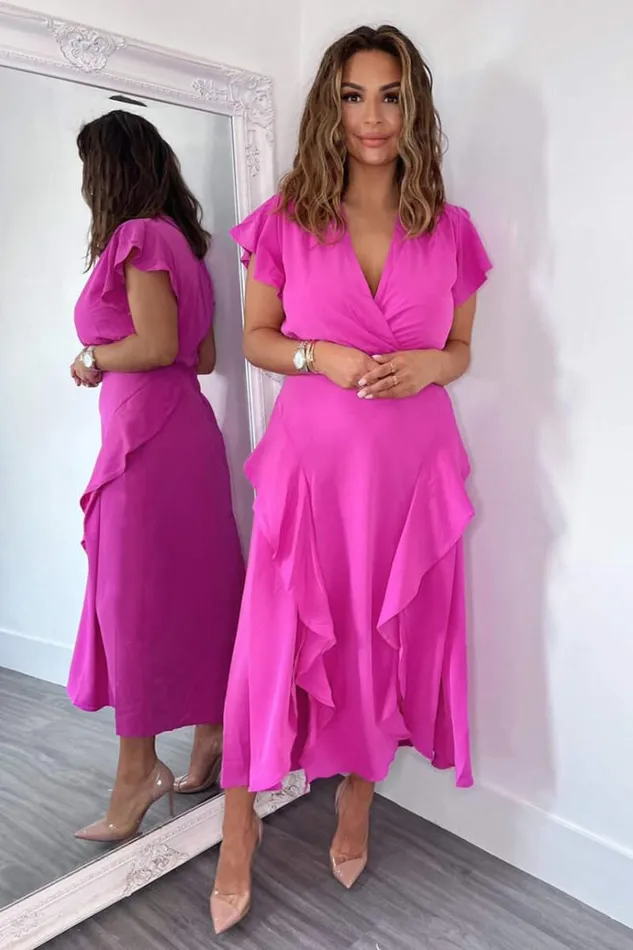 AX Paris Cerise Frill Detail Double Split Skirt Midi Dress Women Dresses