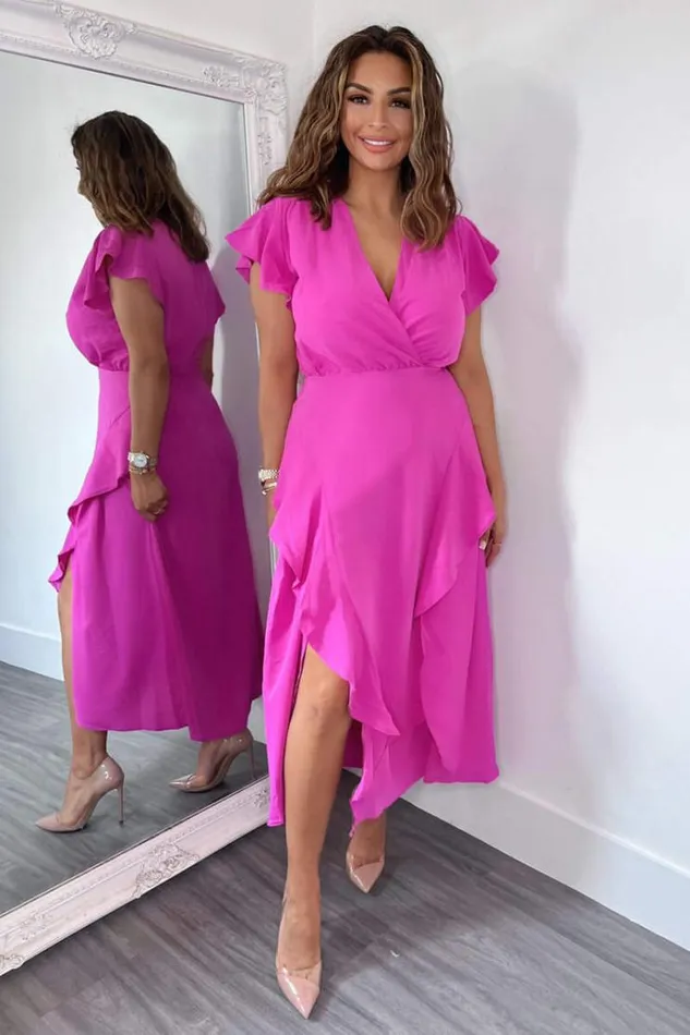 AX Paris Cerise Frill Detail Double Split Skirt Midi Dress Women Dresses