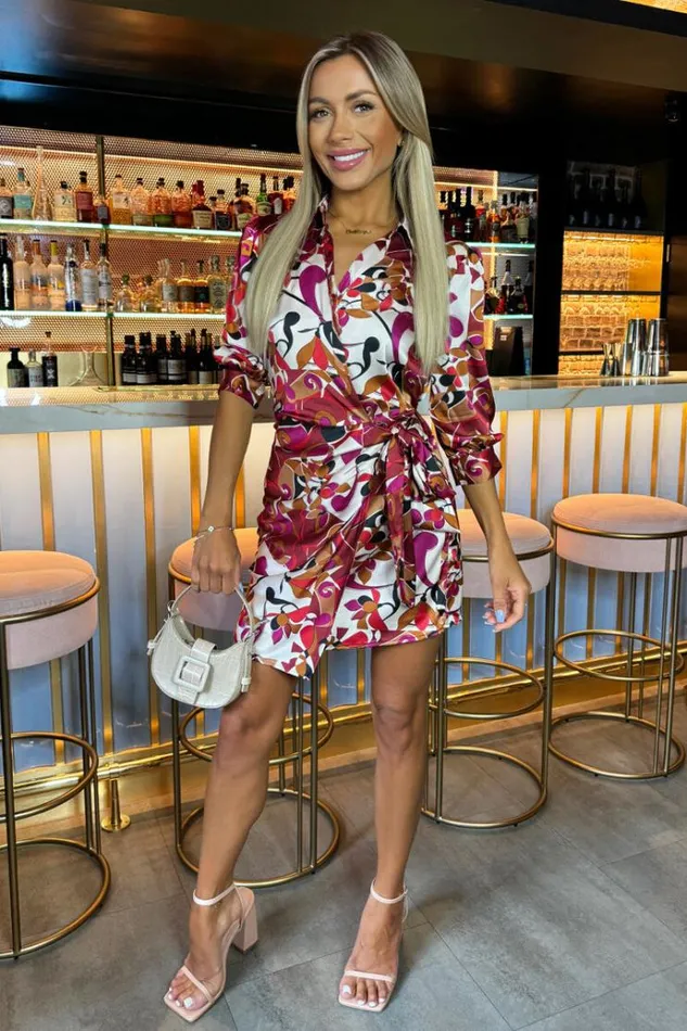 AX Paris Cerise Printed 34 Sleeves Waist Side Tie Mini Dress Women Dresses