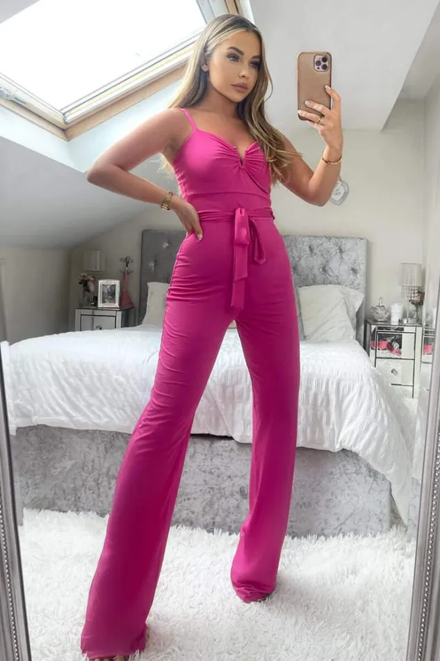 AX Paris Cerise VBuckle Belted Full Length Jumpsuit Women Jumpsuits And Playsuits