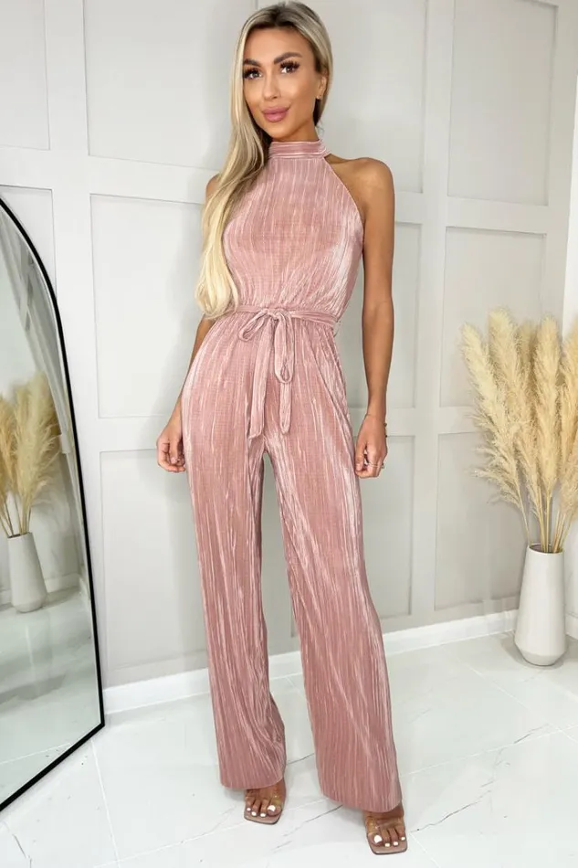AX Paris Champagne Halter Neck Plisse Jumpsuit Women Jumpsuits And Playsuits