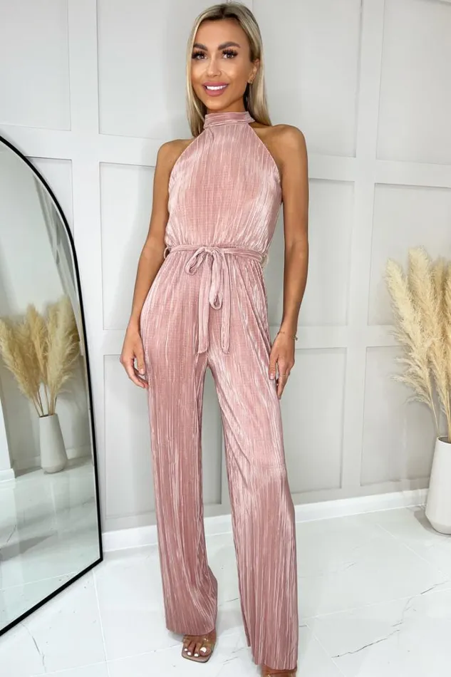 AX Paris Champagne Halter Neck Plisse Jumpsuit Women Jumpsuits And Playsuits