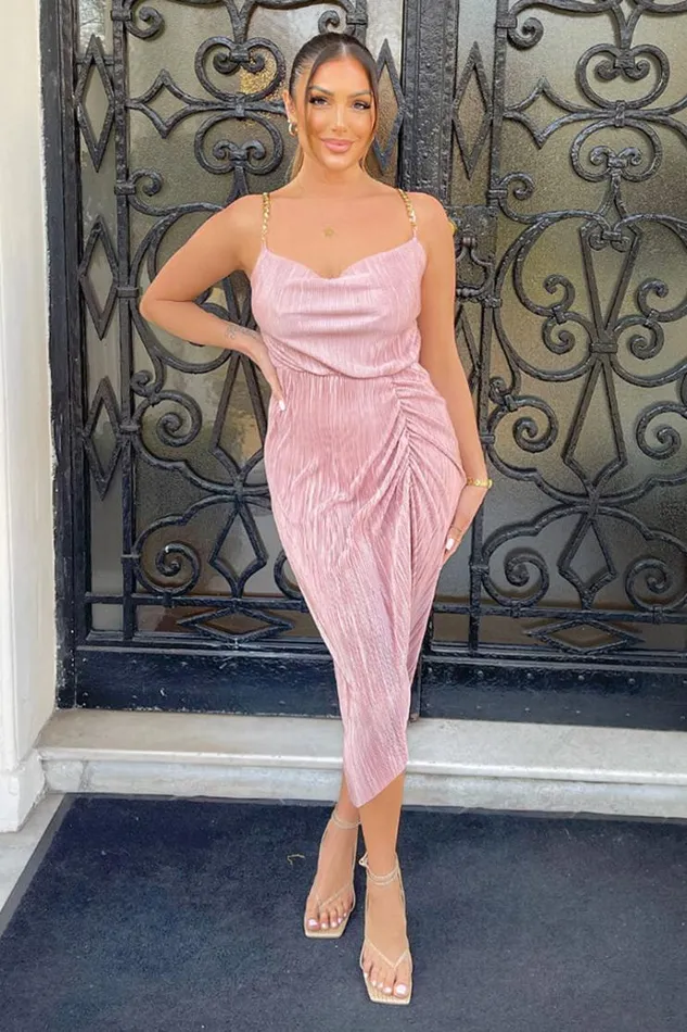 AX Paris Champagne Plisse Cowl Neck Gathered Midi Dress Women Dresses