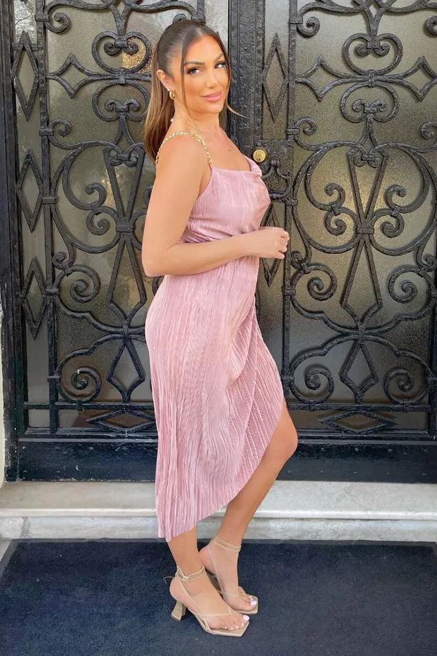 AX Paris Champagne Plisse Cowl Neck Gathered Midi Dress Women Dresses