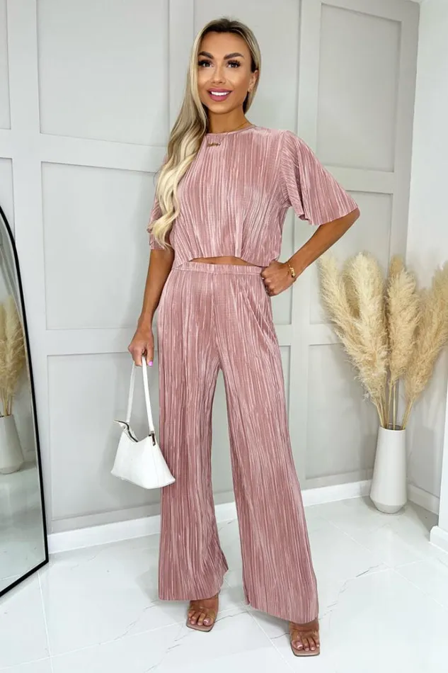 AX Paris Champagne Plisse Straight Leg Trousers Women Trousers and Leggings
