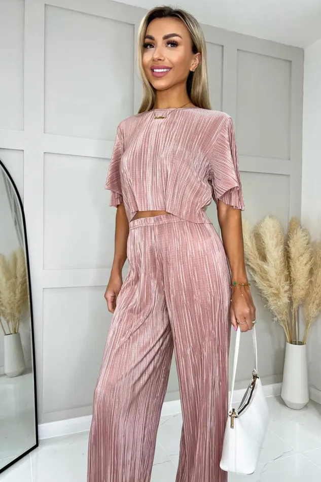 AX Paris Champagne Plisse Straight Leg Trousers Women Trousers and Leggings