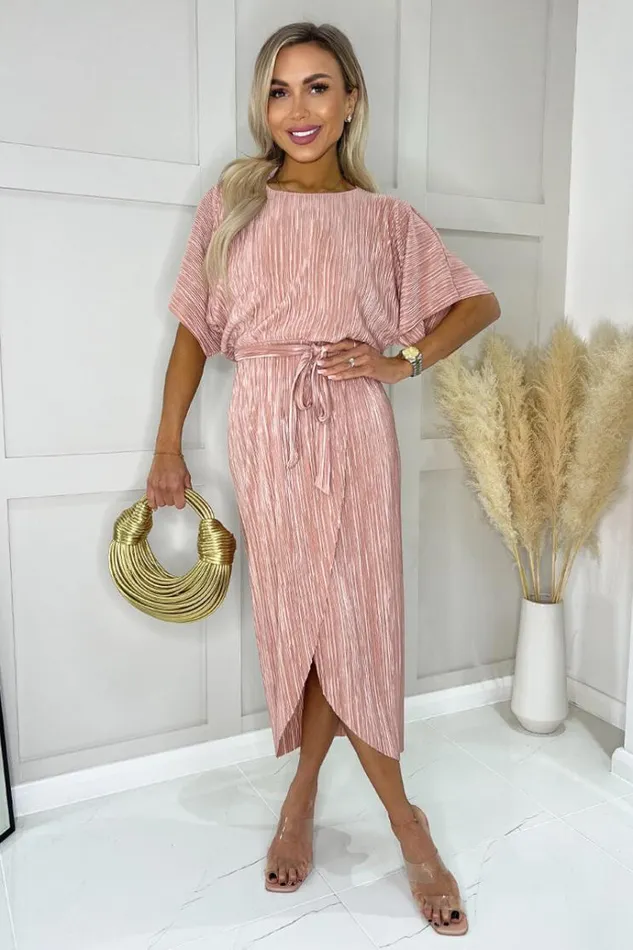 AX Paris Champagne Short Sleeve Tie Waist Plisse Midi Dress Women Dresses