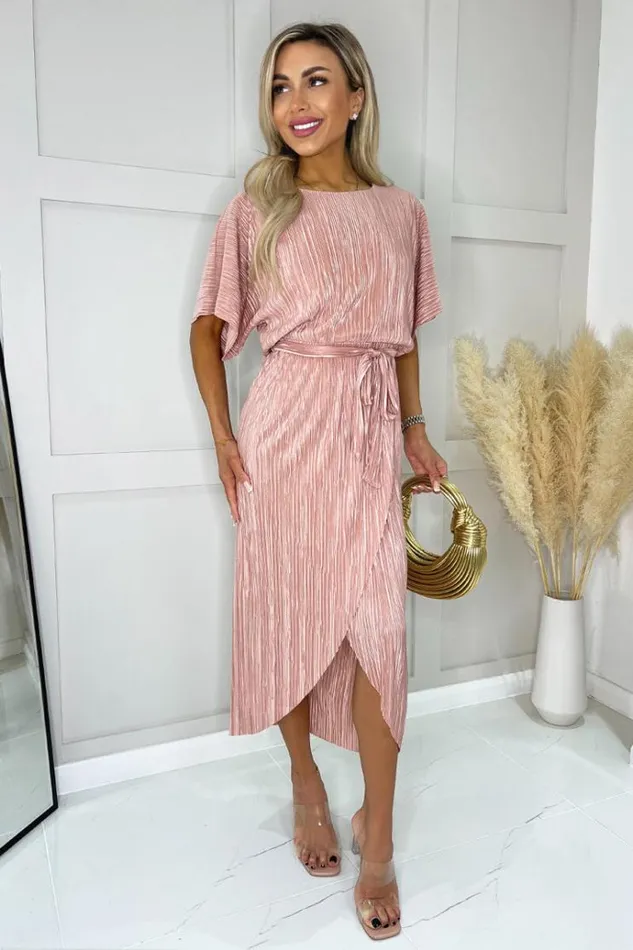 AX Paris Champagne Short Sleeve Tie Waist Plisse Midi Dress Women Dresses