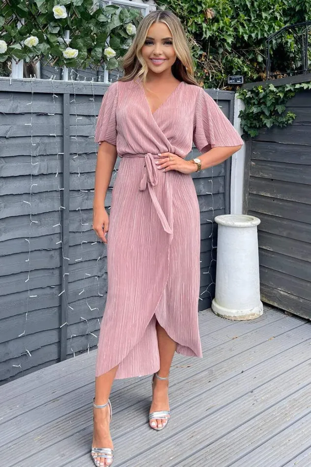AX Paris Champagne Wrap Top Belted Short Sleeve Plisse Midi Dress Women Dresses