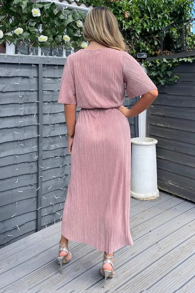 AX Paris Champagne Wrap Top Belted Short Sleeve Plisse Midi Dress Women Dresses