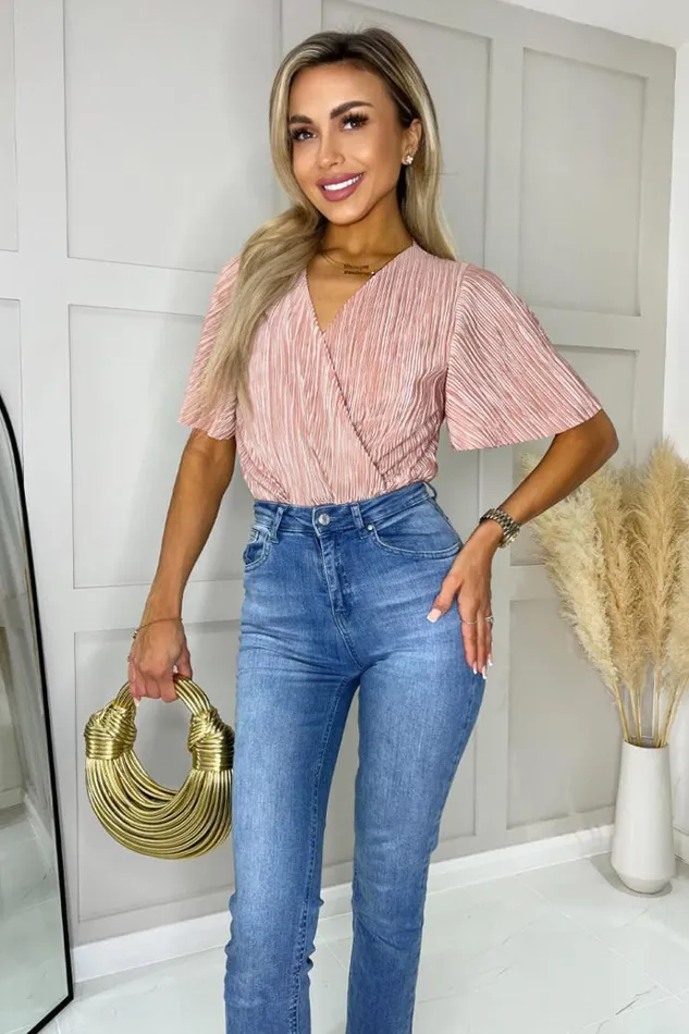 AX Paris Champagne Wrap Top Butterfly Sleeve Plisse Bodysuit Women Bodysuits