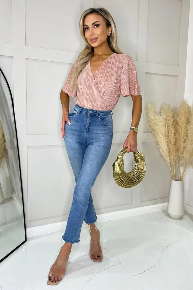 AX Paris Champagne Wrap Top Butterfly Sleeve Plisse Bodysuit Women Bodysuits