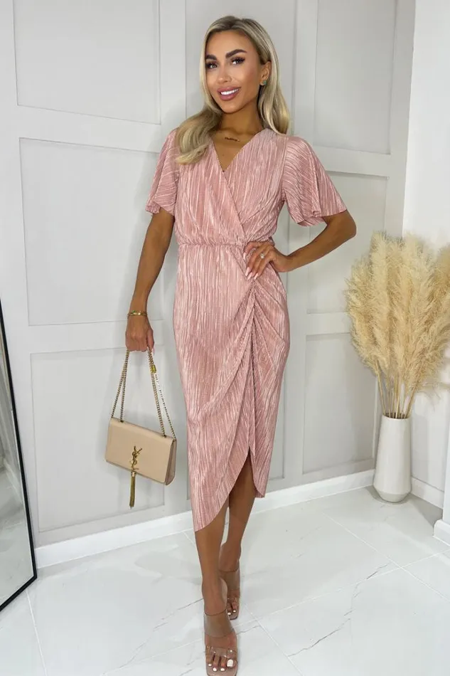 AX Paris Champagne Wrap Top Short Sleeve Plisse Gathered Midi Dress Women Dresses AX Paris Champagne Wrap Top Short Sleeve Plisse Gathered Midi Dress Women Dresses