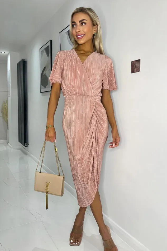 AX Paris Champagne Wrap Top Short Sleeve Plisse Gathered Midi Dress Women Dresses