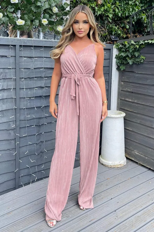 AX Paris Champagne Wrap Top Tie Waist Full Length Plisse Jumpsuit Women Jumpsuits And Playsuits AX Paris Champagne Wrap Top Tie Waist Full Length Plisse Jumpsuit Women Jumpsuits And Playsuits
