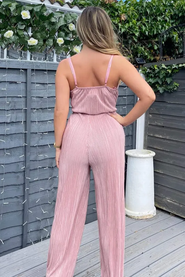 AX Paris Champagne Wrap Top Tie Waist Full Length Plisse Jumpsuit Women Jumpsuits And Playsuits